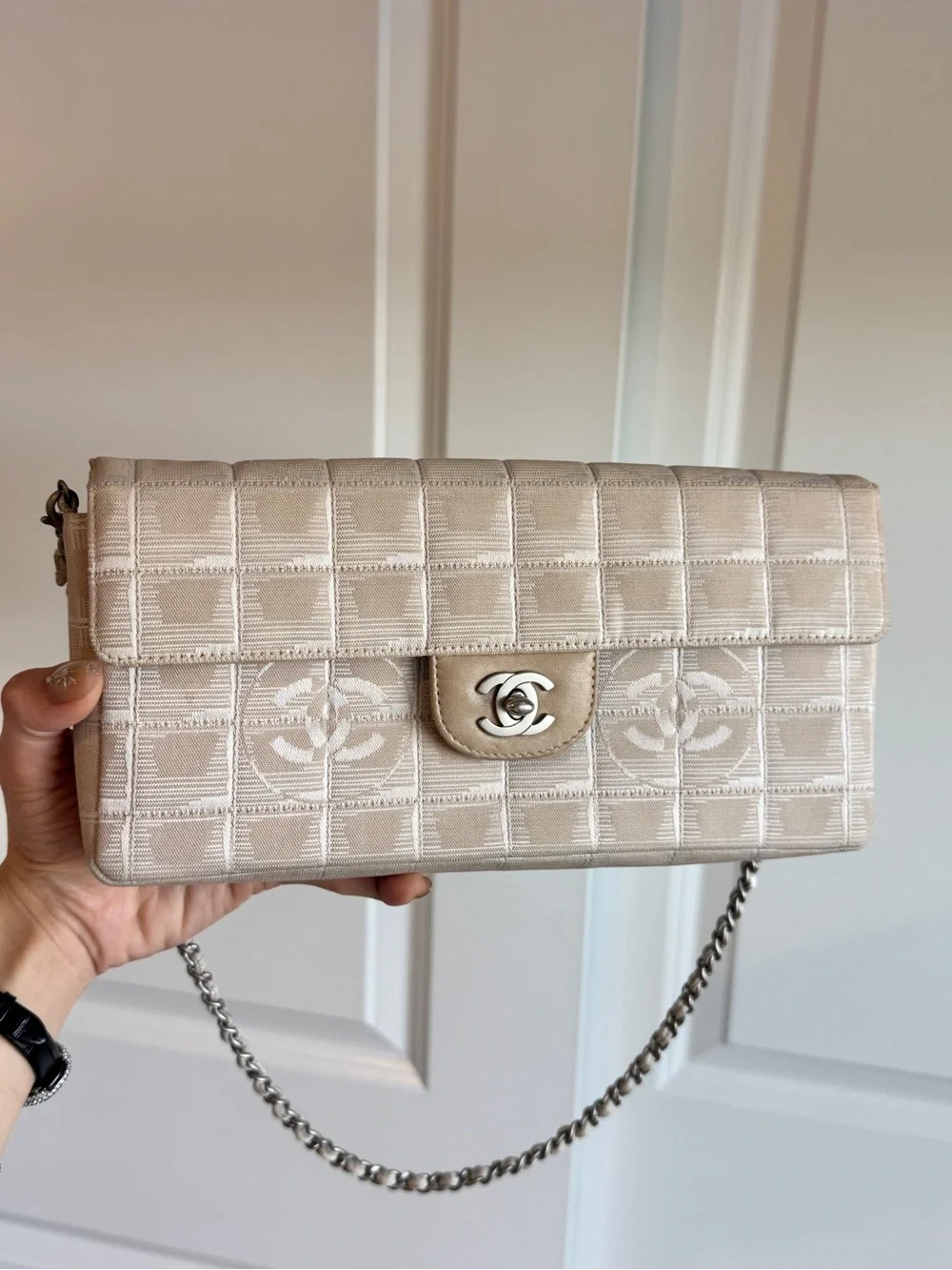 CHANEL Cream East West Flap Shoulder Bag with Silver Hardware